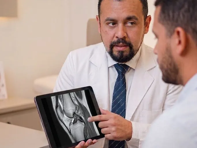 El Dr. Alan Polanco conversa con un paciente mientras revisa sus estudios.