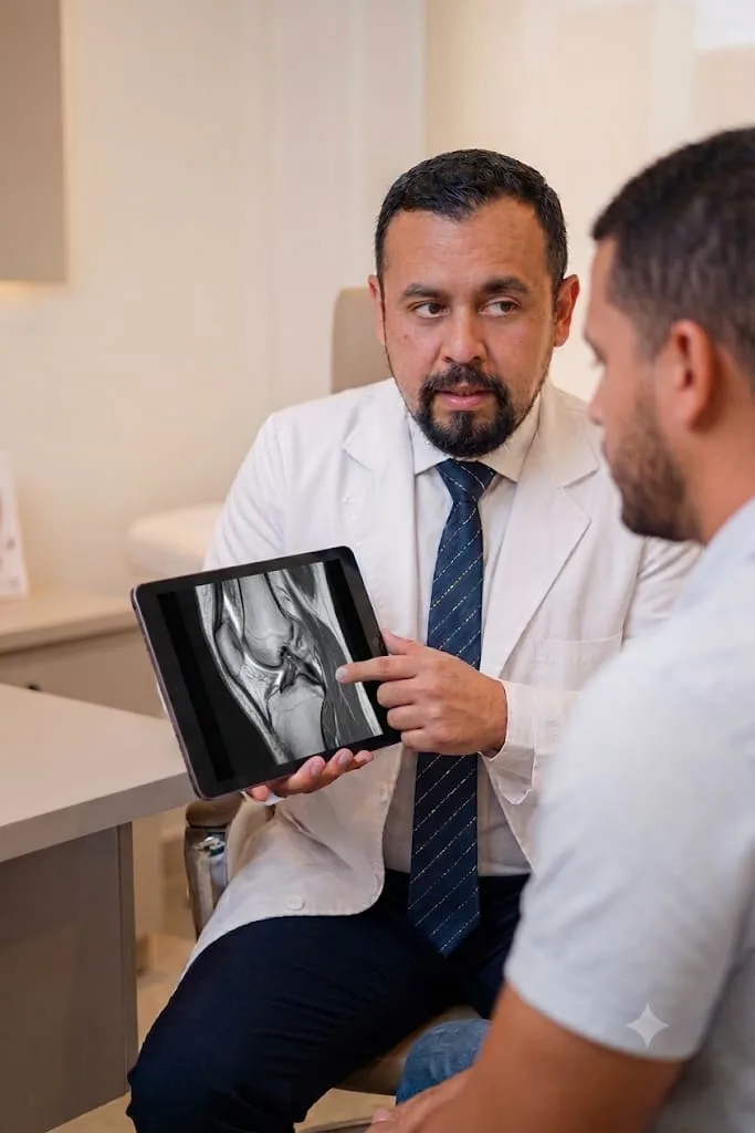 El Dr. Alan Polanco explica una radiografía de rodilla a un paciente durante la consulta.