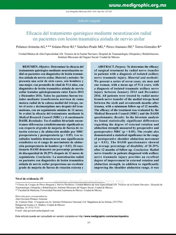 Primera página del artículo sobre neurotización radial (Acta Ortopédica Mexicana, 2018)