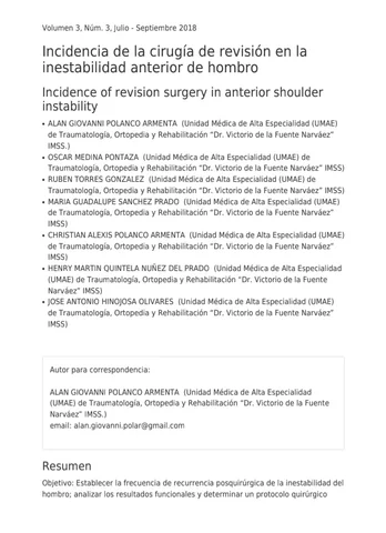 Primera página del artículo sobre la incidencia de la cirugía de revisión (Revista Latinoamericana de Cirugía Ortopédica, 2018)