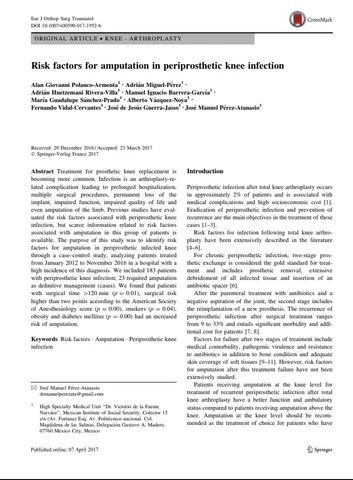 Primera página del artículo "Risk factors for amputation…" (European Journal of Orthopaedic Surgery & Traumatology, 2017)