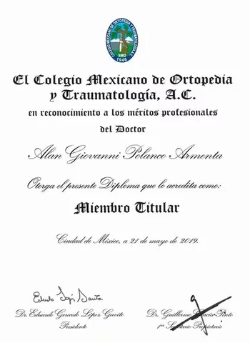 Diploma de Miembro Titular del Colegio Mexicano de Ortopedia y Traumatología (2019)