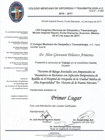 Diploma del Primer Lugar de cartel en el LXII Congreso Nacional de Ortopedia (2017)