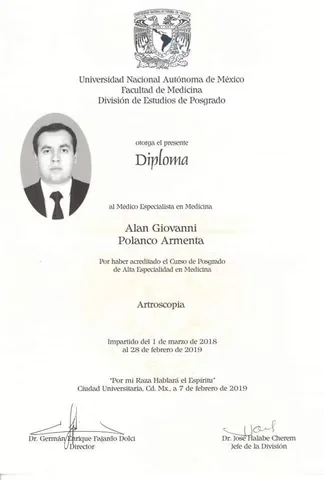 Diploma de la UNAM: Alta Especialidad en Artroscopia (2018–2019)