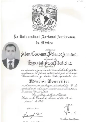 Diploma de la UNAM: Especialista en Ortopedia con Mención Honorífica (2018)